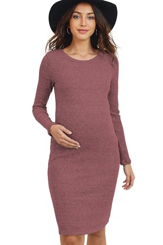 HELLO MIZ Women's Ribbed Maternity Knit Dress with Long Sleeve